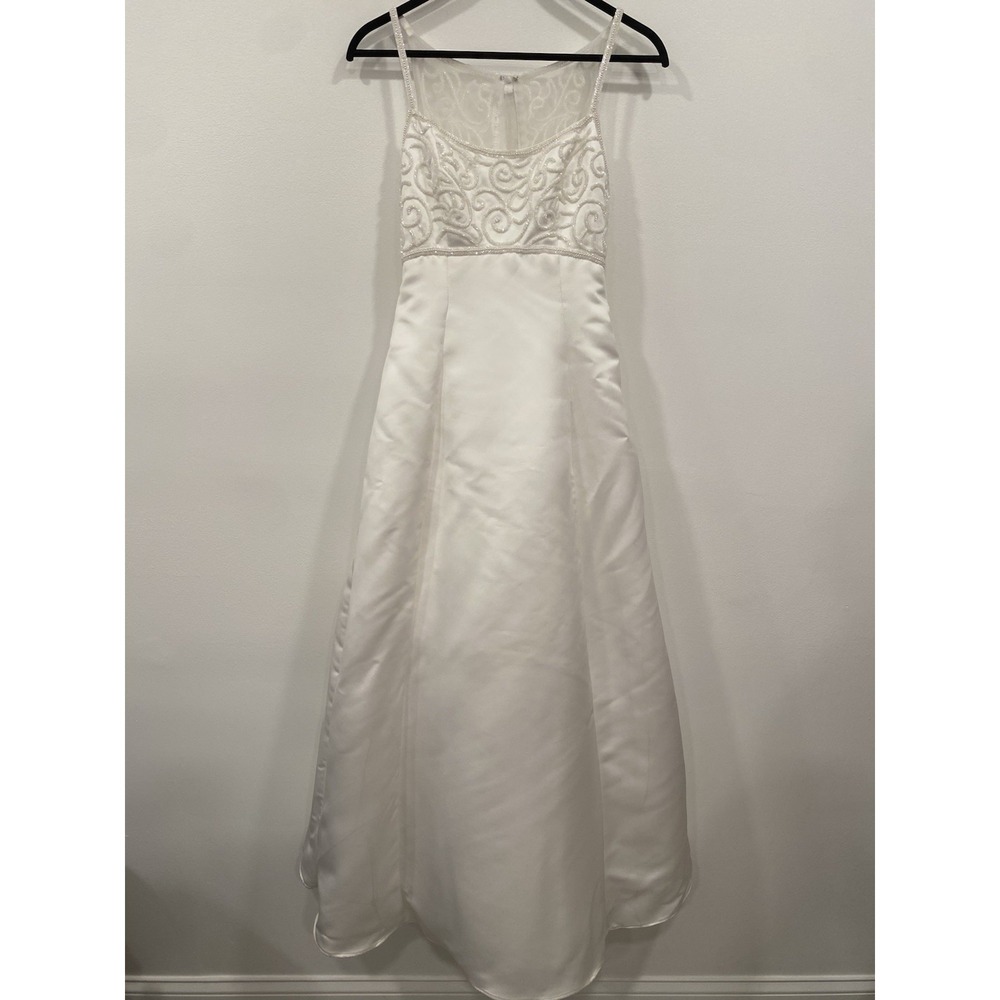 Demetrios Wedding Dress Ball satin White beaded Illusion Back Bridal Gown SZ 2